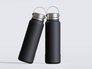 Gri arkaplanda siyah yeniden kullanılabilir su şişesi gerçekçi görüntüsü