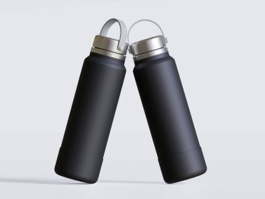 Gri arkaplanda siyah yeniden kullanılabilir su şişesi gerçekçi görüntüsü