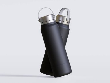 Gri arkaplanda siyah yeniden kullanılabilir su şişesi gerçekçi görüntüsü