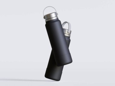 Gri arkaplanda siyah yeniden kullanılabilir su şişesi gerçekçi görüntüsü