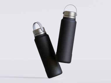 Gri arkaplanda siyah yeniden kullanılabilir su şişesi gerçekçi görüntüsü