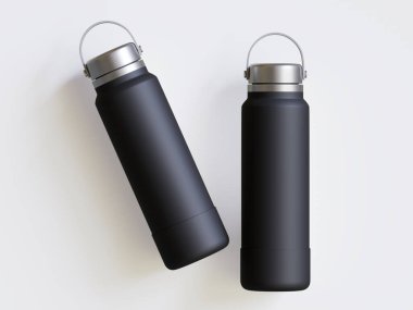 Gri arkaplanda siyah yeniden kullanılabilir su şişesi gerçekçi görüntüsü