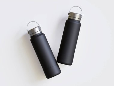 Gri arkaplanda siyah yeniden kullanılabilir su şişesi gerçekçi görüntüsü