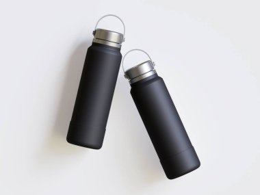 Gri arkaplanda siyah yeniden kullanılabilir su şişesi gerçekçi görüntüsü