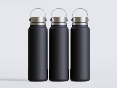 Gri arkaplanda siyah yeniden kullanılabilir su şişesi gerçekçi görüntüsü
