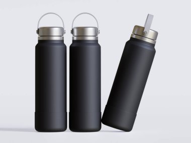 Gri arkaplanda siyah yeniden kullanılabilir su şişesi gerçekçi görüntüsü
