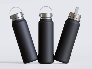 Gri arkaplanda siyah yeniden kullanılabilir su şişesi gerçekçi görüntüsü