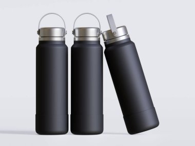 Gri arkaplanda siyah yeniden kullanılabilir su şişesi gerçekçi görüntüsü