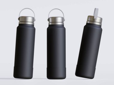 Gri arkaplanda siyah yeniden kullanılabilir su şişesi gerçekçi görüntüsü