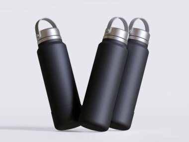 Gri arkaplanda siyah yeniden kullanılabilir su şişesi gerçekçi görüntüsü