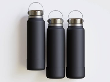 Gri arkaplanda siyah yeniden kullanılabilir su şişesi gerçekçi görüntüsü