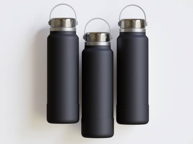 Gri arkaplanda siyah yeniden kullanılabilir su şişesi gerçekçi görüntüsü