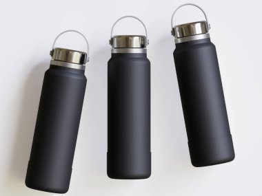 Gri arkaplanda siyah yeniden kullanılabilir su şişesi gerçekçi görüntüsü