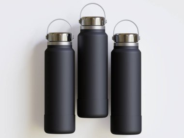 Gri arkaplanda siyah yeniden kullanılabilir su şişesi gerçekçi görüntüsü