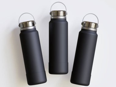 Gri arkaplanda siyah yeniden kullanılabilir su şişesi gerçekçi görüntüsü