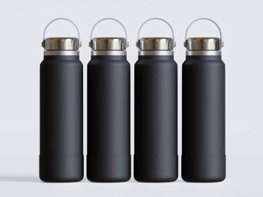 Gri arkaplanda siyah yeniden kullanılabilir su şişesi gerçekçi görüntüsü