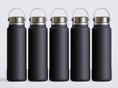 Gri arkaplanda siyah yeniden kullanılabilir su şişesi gerçekçi görüntüsü