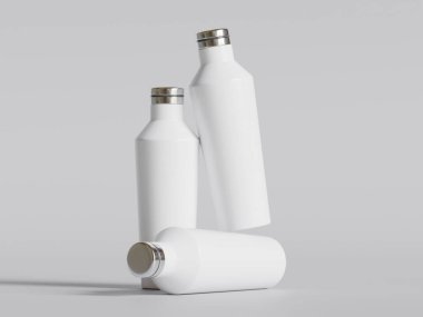  Gri arkaplanda yeniden kullanılabilir beyaz su şişesi gerçekçi doku çizimi