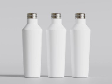  Gri arkaplanda yeniden kullanılabilir beyaz su şişesi gerçekçi doku çizimi