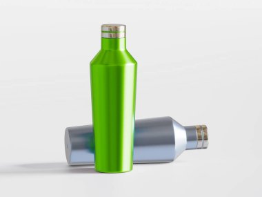 Yeniden kullanılabilir su şişesi rengi gerçekçi metal desen çizimi gri arka planda