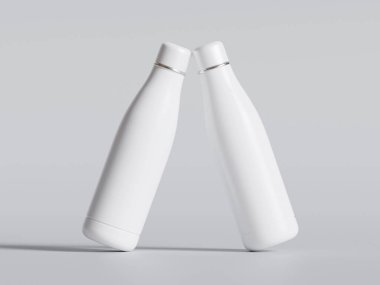 Su şişesi, çelik metal termo matara, 3D model. Tekrar kullanılabilir paslanmaz çelik spor şişesi, gri renkte izole edilmiş. Spor salonu veya seyahat su kabı, kapakla kapalı, taşınabilir boş şablon