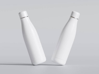 Su şişesi, çelik metal termo matara, 3D model. Tekrar kullanılabilir paslanmaz çelik spor şişesi, gri renkte izole edilmiş. Spor salonu veya seyahat su kabı, kapakla kapalı, taşınabilir boş şablon