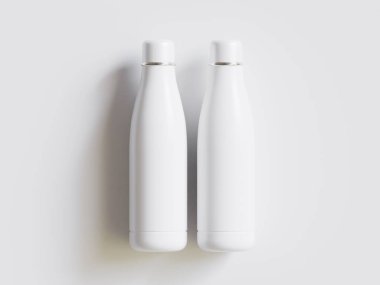 Su şişesi, çelik metal termo matara, 3D model. Tekrar kullanılabilir paslanmaz çelik spor şişesi, gri renkte izole edilmiş. Spor salonu veya seyahat su kabı, kapakla kapalı, taşınabilir boş şablon