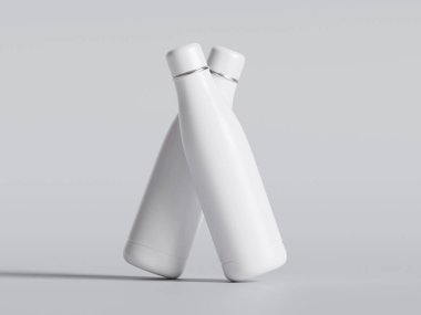 Su şişesi, çelik metal termo matara, 3D model. Tekrar kullanılabilir paslanmaz çelik spor şişesi, gri renkte izole edilmiş. Spor salonu veya seyahat su kabı, kapakla kapalı, taşınabilir boş şablon