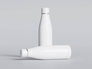 Su şişesi, çelik metal termo matara, 3D model. Tekrar kullanılabilir paslanmaz çelik spor şişesi, gri renkte izole edilmiş. Spor salonu veya seyahat su kabı, kapakla kapalı, taşınabilir boş şablon