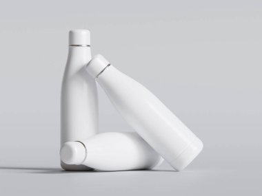 Su şişesi, çelik metal termo matara, 3D model. Tekrar kullanılabilir paslanmaz çelik spor şişesi, gri renkte izole edilmiş. Spor salonu veya seyahat su kabı, kapakla kapalı, taşınabilir boş şablon