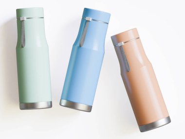 Beyaz arkaplanda termal spor su şişesi 3D görüntüleme