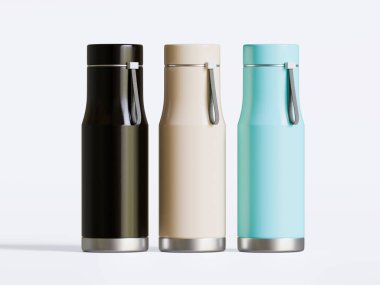 Beyaz arkaplanda termal spor su şişesi 3D görüntüleme