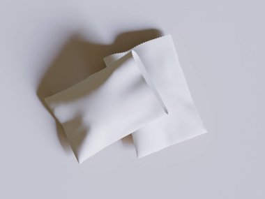 Gri arka planda beyaz kese kağıtları var. Markalaştırmak ve yemek götürmek için boş alanı olan el sanatları paketinin gerçekçi bir çizimi