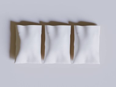 Gri arka planda beyaz kese kağıtları var. Markalaştırmak ve yemek götürmek için boş alanı olan el sanatları paketinin gerçekçi bir çizimi