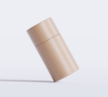 Kahverengi kağıt tüp modelleri beyaz arka planda izole edildi. Boş el işi karton dairesel gerçekçi tüp dokusu. Ürün markalaşması için kapaklı silindirik bir kap