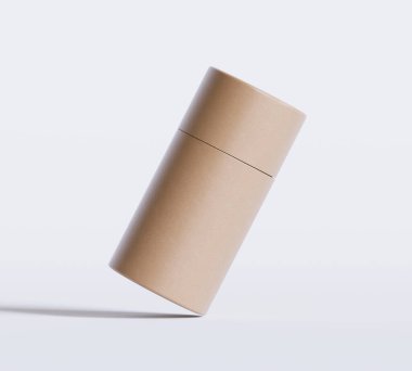 Kahverengi kağıt tüp modelleri beyaz arka planda izole edildi. Boş el işi karton dairesel gerçekçi tüp dokusu. Ürün markalaşması için kapaklı silindirik bir kap