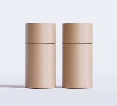 Kahverengi kağıt tüp modelleri beyaz arka planda izole edildi. Boş el işi karton dairesel gerçekçi tüp dokusu. Ürün markalaşması için kapaklı silindirik bir kap