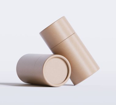 Kahverengi kağıt tüp modelleri beyaz arka planda izole edildi. Boş el işi karton dairesel gerçekçi tüp dokusu. Ürün markalaşması için kapaklı silindirik bir kap