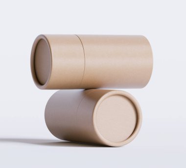 Kahverengi kağıt tüp modelleri beyaz arka planda izole edildi. Boş el işi karton dairesel gerçekçi tüp dokusu. Ürün markalaşması için kapaklı silindirik bir kap