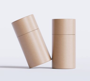 Kahverengi kağıt tüp modelleri beyaz arka planda izole edildi. Boş el işi karton dairesel gerçekçi tüp dokusu. Ürün markalaşması için kapaklı silindirik bir kap