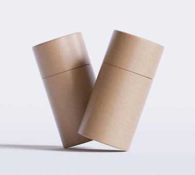Kahverengi kağıt tüp modelleri beyaz arka planda izole edildi. Boş el işi karton dairesel gerçekçi tüp dokusu. Ürün markalaşması için kapaklı silindirik bir kap