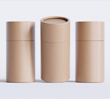 Kahverengi kağıt tüp modelleri beyaz arka planda izole edildi. Boş el işi karton dairesel gerçekçi tüp dokusu. Ürün markalaşması için kapaklı silindirik bir kap