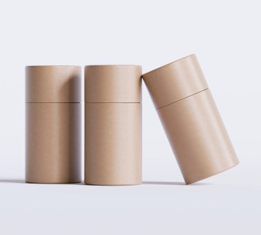 Kahverengi kağıt tüp modelleri beyaz arka planda izole edildi. Boş el işi karton dairesel gerçekçi tüp dokusu. Ürün markalaşması için kapaklı silindirik bir kap