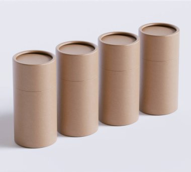 Kahverengi kağıt tüp modelleri beyaz arka planda izole edildi. Boş el işi karton dairesel gerçekçi tüp dokusu. Ürün markalaşması için kapaklı silindirik bir kap