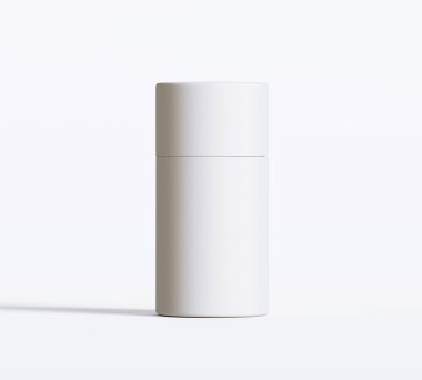 Beyaz kağıttan tüp modelleri beyaz arka planda izole edildi. Boş el işi karton dairesel gerçekçi tüp dokusu. Ürün markalaşması için kapaklı silindirik bir kap