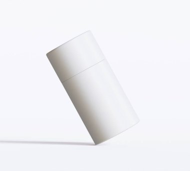 Beyaz kağıttan tüp modelleri beyaz arka planda izole edildi. Boş el işi karton dairesel gerçekçi tüp dokusu. Ürün markalaşması için kapaklı silindirik bir kap