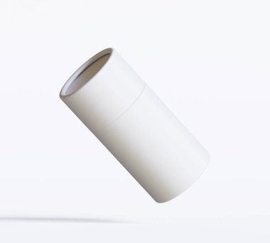 Beyaz kağıttan tüp modelleri beyaz arka planda izole edildi. Boş el işi karton dairesel gerçekçi tüp dokusu. Ürün markalaşması için kapaklı silindirik bir kap