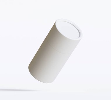Beyaz kağıttan tüp modelleri beyaz arka planda izole edildi. Boş el işi karton dairesel gerçekçi tüp dokusu. Ürün markalaşması için kapaklı silindirik bir kap