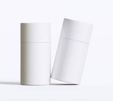Beyaz kağıttan tüp modelleri beyaz arka planda izole edildi. Boş el işi karton dairesel gerçekçi tüp dokusu. Ürün markalaşması için kapaklı silindirik bir kap
