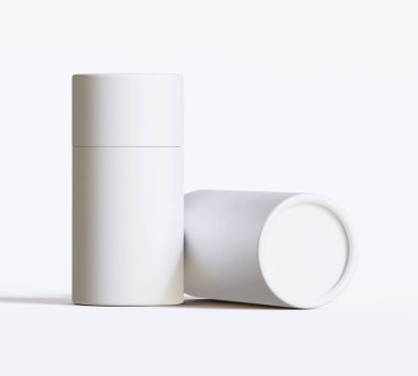 Beyaz kağıttan tüp modelleri beyaz arka planda izole edildi. Boş el işi karton dairesel gerçekçi tüp dokusu. Ürün markalaşması için kapaklı silindirik bir kap